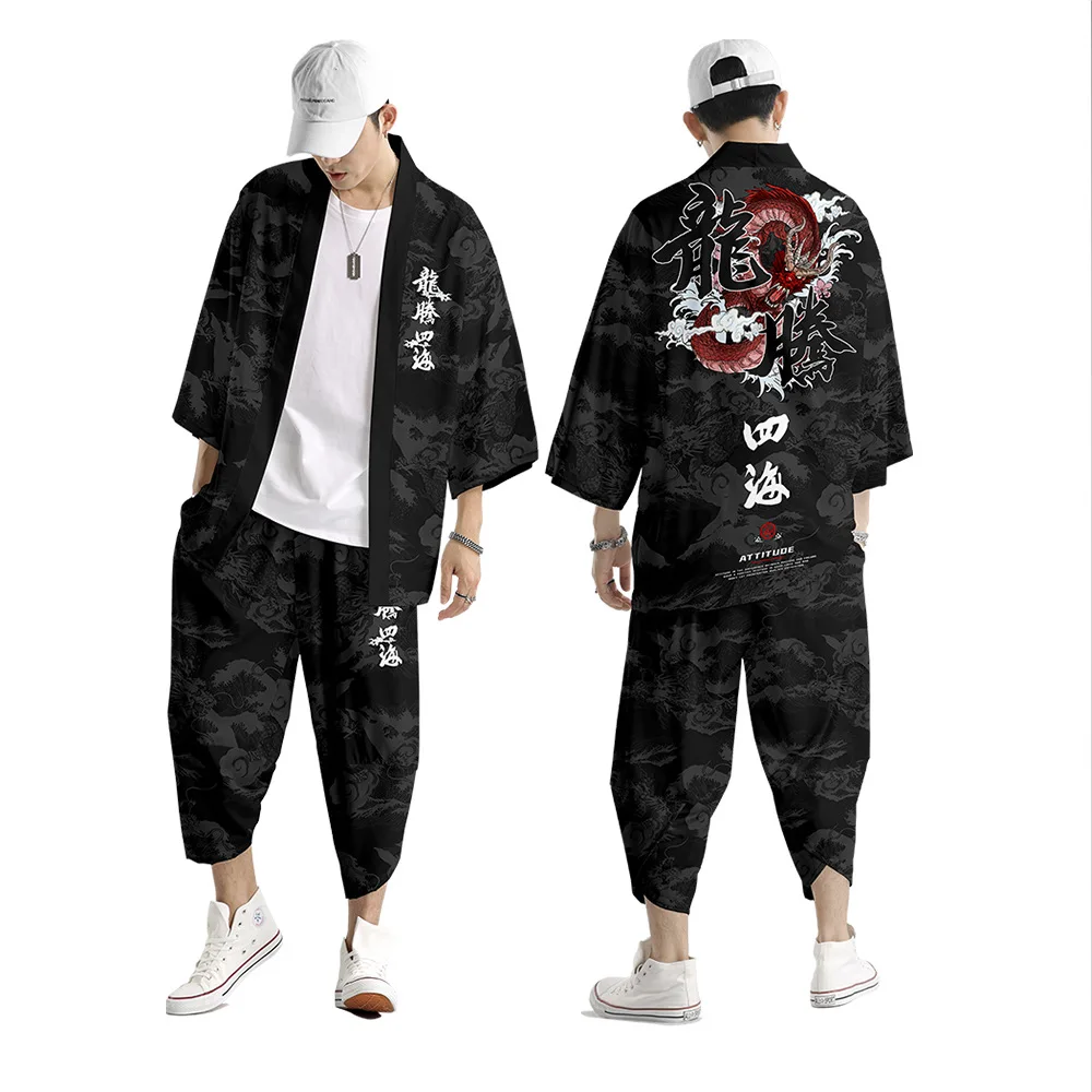 

Кимоно для взрослых в японском винтажном азиатском стиле, модный кардиган, повседневный топ и штаны, хаори, размеры 2Xs-6Xl, с принтом аниме дракона