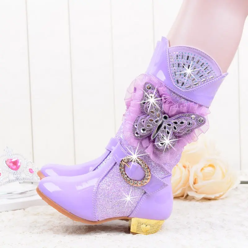 Зимние меховые сапоги для девочек на высоком каблуке блестящие детские