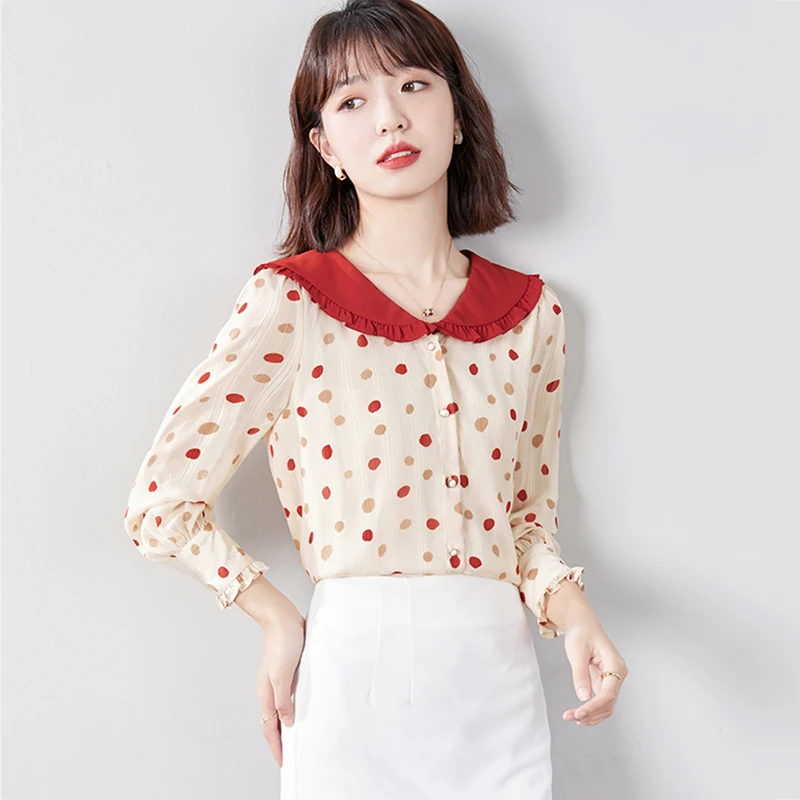 Женская шифоновая рубашка в горошек с воротником Питер Пэн|Рубашки| |