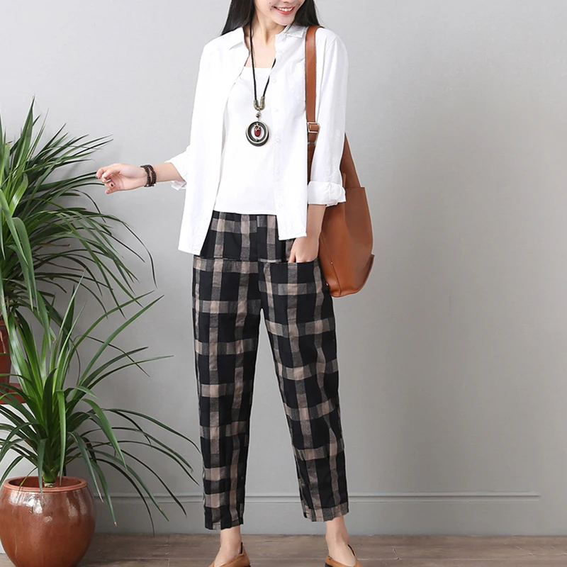Женские клетчатые штаны шаровары из хлопка и льна толстые брюки 2019 фунтов cc1053