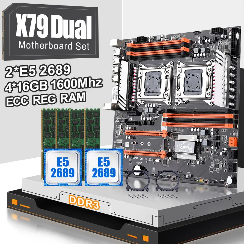 

JINGSHA X79 Dual CPU Desktop Motherboard Set With 2pcs E5 2689 LGA 2011 With DDR3 4*16GB RAM REG ECC 1600MHz PCIe x16 M.2 USB3.0