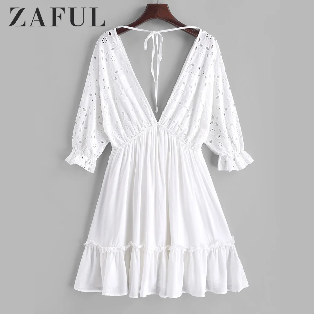 ZAFUL Ушко с завязками сзади Мини платье 3/4 длины рукава Женское кружево Белое V