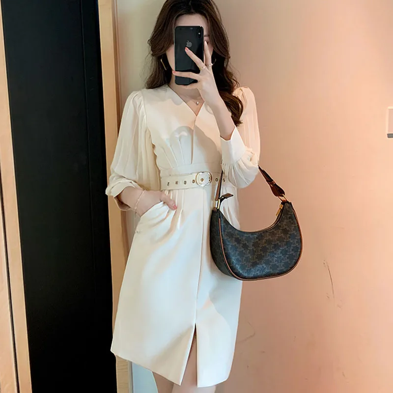 

One-Piece 2021 New Korean Style Spring Summer Chic Dress Waist Pockets V-neck French Vintage Dress Temperament Slim Waist Dress