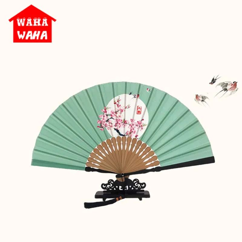 

Cininese Wintersweet Pattern Bamboo Silk Damask Folding Fan Four Seasons Poem Folding Fan Wedding Decoration Party Gifts