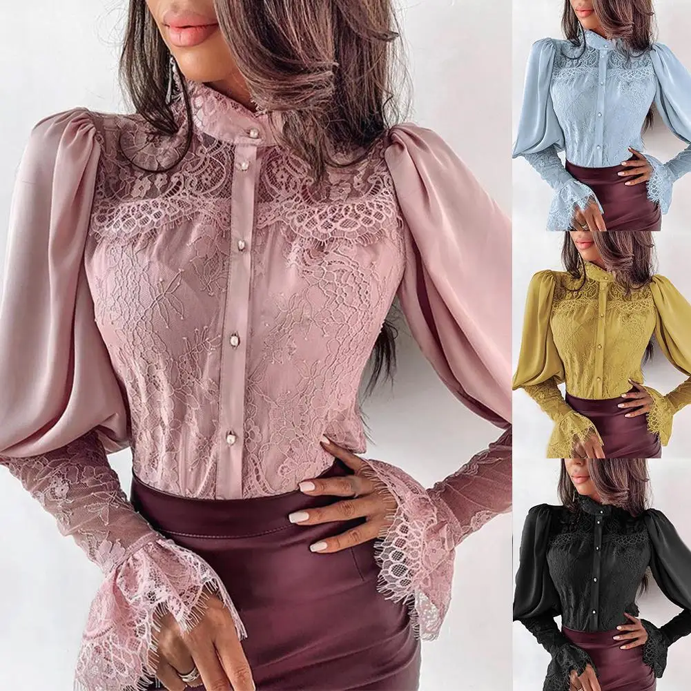 

Office Lady Solid Color Stand Collar Long Flared Sleeve Lace Button Down Shirt32828788441harajuku accessories