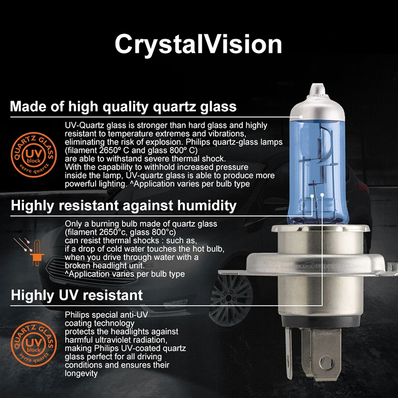 Philips H4 галогенная лампа 55 Вт 12 В Crystal Vision 4300 K, яркий белый светильник, аксессуары для дальнего и ближнего света, автомобильная лампа, мотоциклетный головной светильник, 2 шт