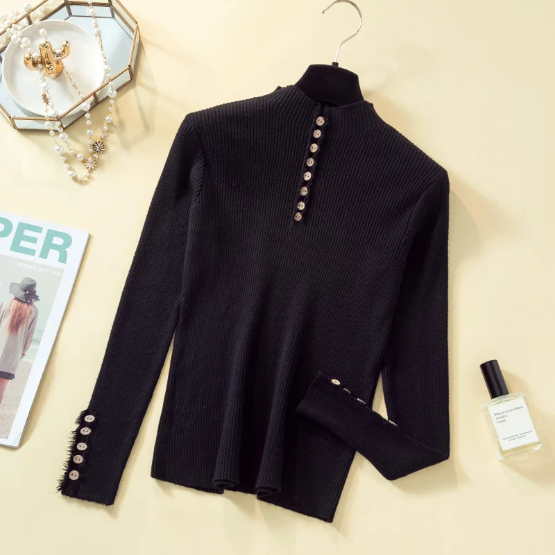 

2019 Autumn Single Breasted Solid Knitted Sweater Pullover Women Turtle Neck Elastic Slim Bottoming Shirt Lady Knitting Clothes