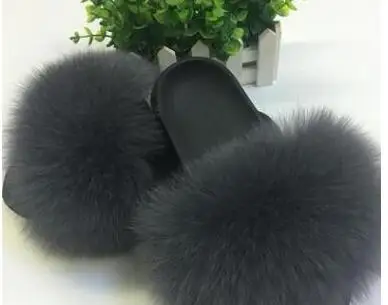 Dark Gray Женские модные шлепанцы из натурального меха енота; женские шлепанцы; Летние вьетнамки; унисекс; повседневные Модные босоножки с лисьим мехом; модная плюшевая обувь - Цвет: Dark Gray