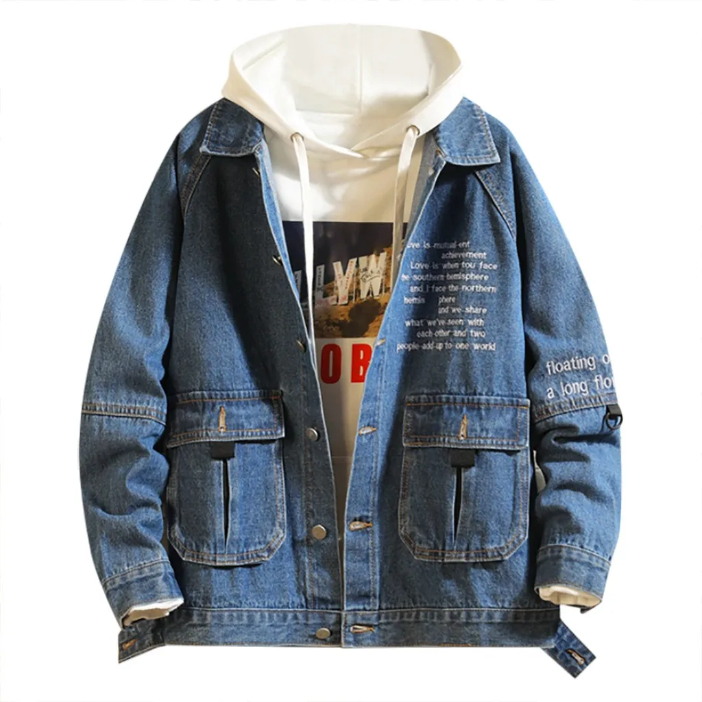 Men'sJackets весна осень поддельные две части Лоскутная джинсовая куртка с капюшоном