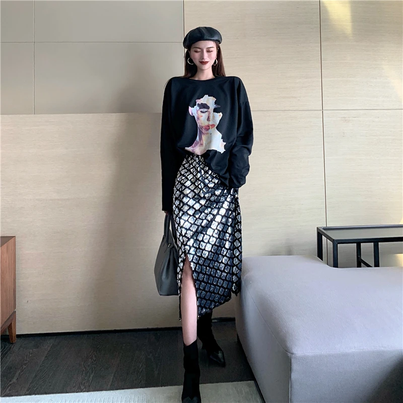 

Stylish new loose sexy wild A word long sequined skirt