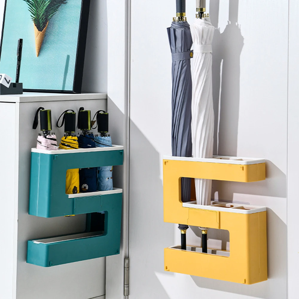 

Creative Umbrella Storage Rack Wall Hanging Free Punching Multi Function Double-layer Vertical Umbrella Drain Rack Suitable Home