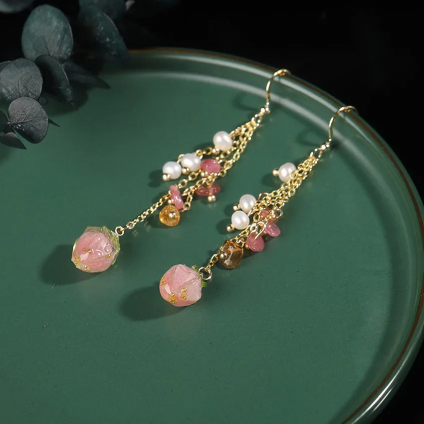 

FYSL Light Yellow Gold Color Tourmaline Stone and Pearls Dangle Earrings for Women Link Chain Jewelry