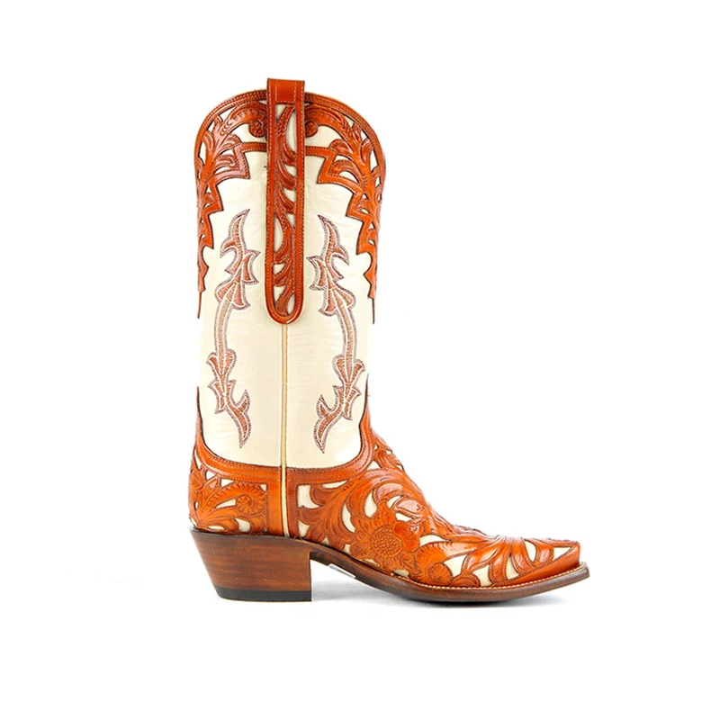 Prowow women western cowboy boots genuine leather designer handmade fretwork patchwork high heels corral mid-calf ladies | Обувь