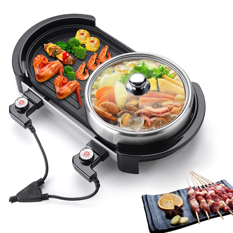 Электрическая антипригарная тарелка для барбекю + суповая кастрюля Бездымная