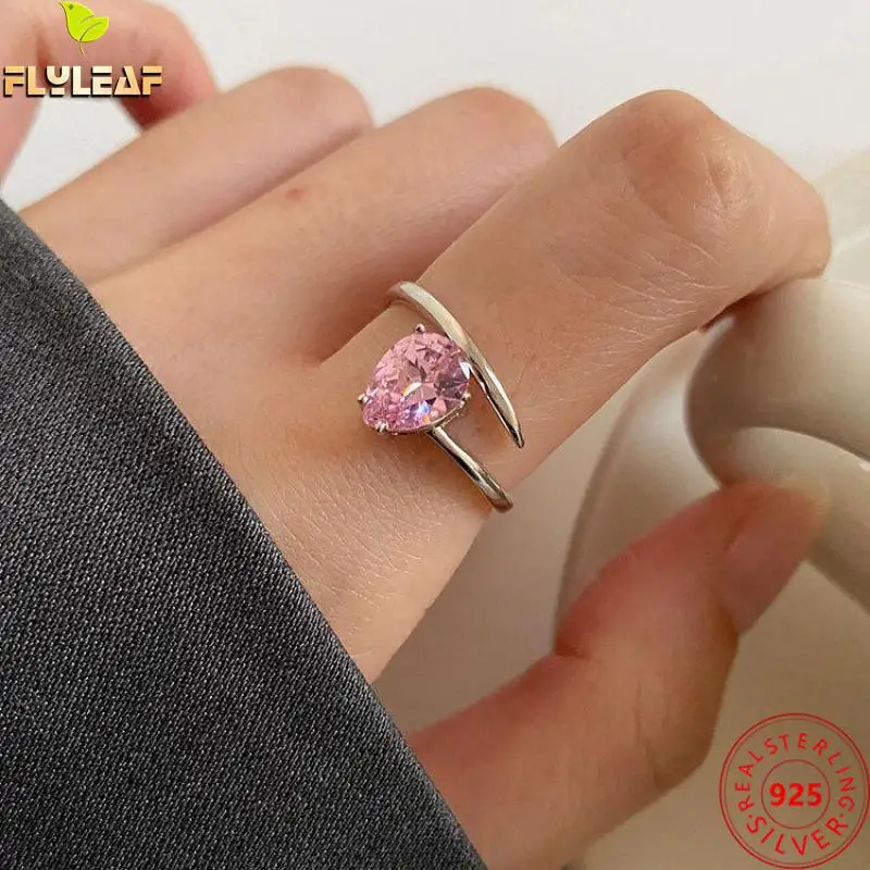 

Ins Style 100% 925 Sterling Silver Rings For Women Water Droplets Pink Crystal High Quality Fine Jewelry Femme Open Ring