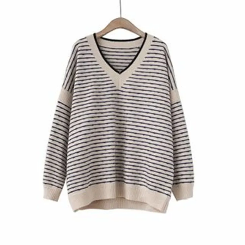 

Women Spring Fall New Fashion V-Neck Patchwork Striped Long Sleeve Sweater Office Lady Loose Casual Knitting Chic Bottoming Tops
