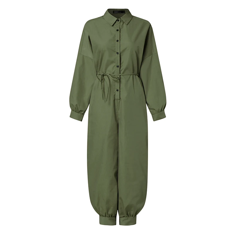 2021 New Cargo Jumpsuit Women Long-sleeved Belt Retro Autumn 2021 Lapel Solid Color Casual Jumpsuit Button Work Clothes Women