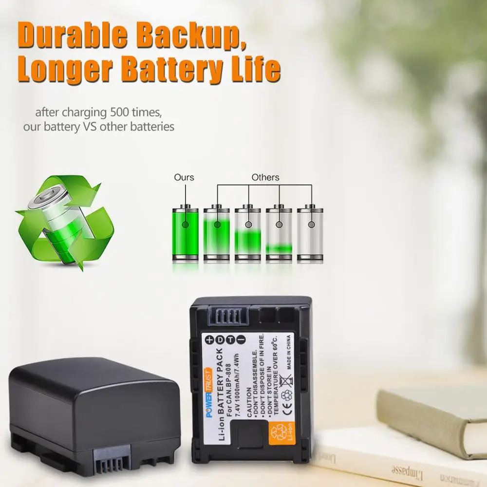 Аккумулятор PowerTrust BP-808 BP 808 + новое двойное зарядное устройство USB для Canon BP-827 827 BP-819