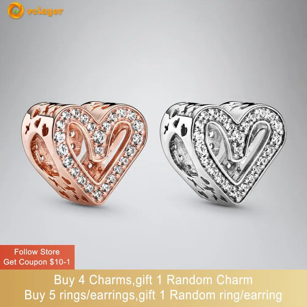 

Volayer 925 Sterling Silver Beads Sparkling Freehand Heart Charm fit Original Pandora Bracelets for Women Jewelry Making Gift