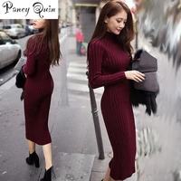 women winter sweater knitted dresses slim elastic turtleneck long sleeve sexy lady bodycon robe dresses for women free shipping