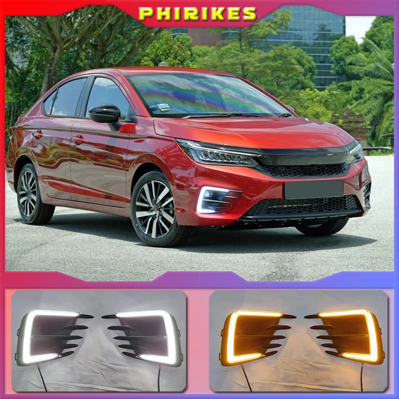 

Светодиодные дневные ходовые огни для Honda City 2020 RS, турбо желтое реле сигнала поворота, водонепроницаемые, 12 В, DRL, противотуманные фары, украшение
