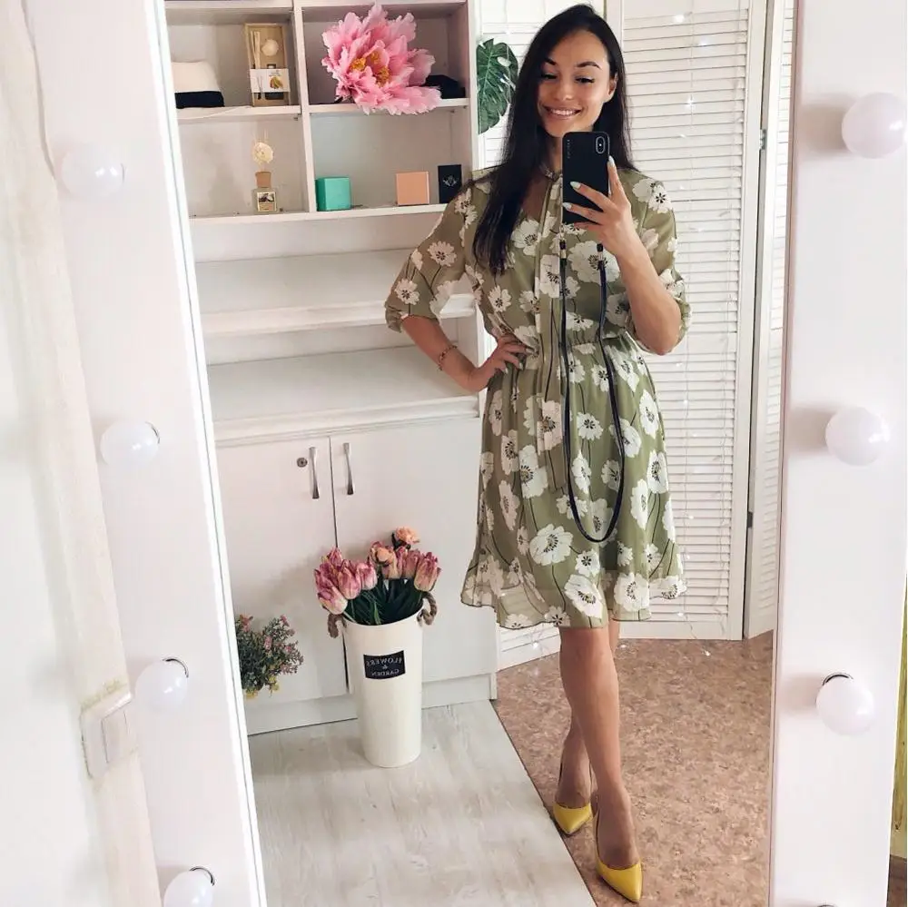 2020 spring and summer new European American women's tie sexy print dress fashion comfortable women Clothes | Женская одежда