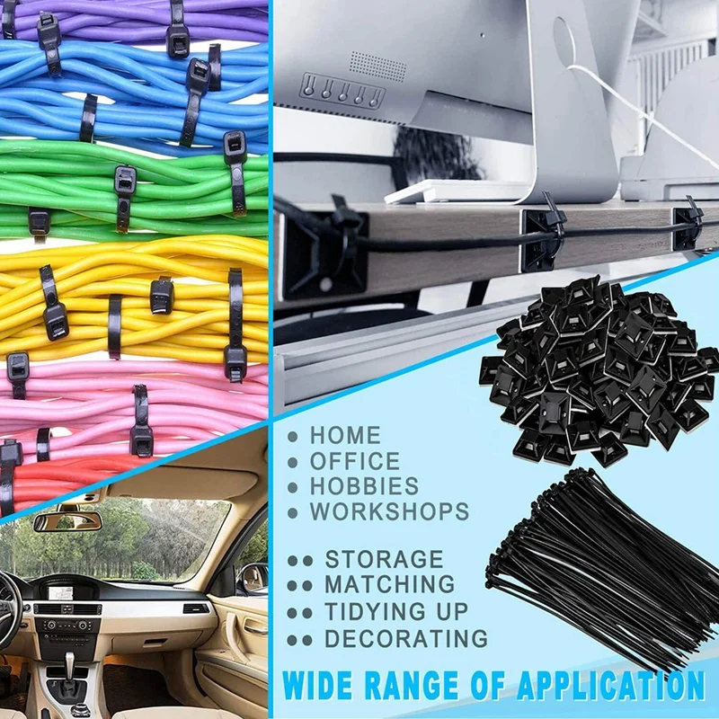 120 шт. черный 8-дюймовый держатель для кабельных стяжек на молнии самоклеящийся