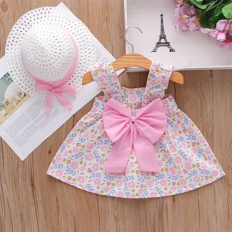 

Infant Girl Dress Flower Print Sleeveless Cotton Beach Dress With Sunhat Kids Floral Summer Clothes