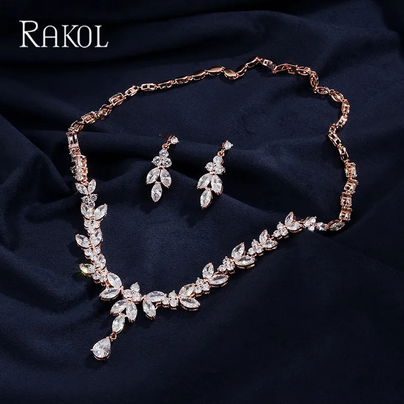 RAKOL роскошный Искрящийся Блестящий кубический циркон ожерелье серьги Ювелирные