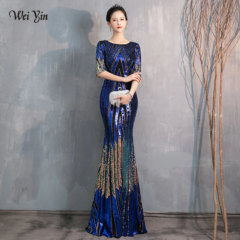 

wei yin AE0370 Blue Evening Dress Long Sparkle Half Sleeve O-Neck Women Elegant Sequin Mermaid Maxi Evening Party Gown Dress