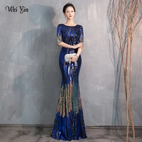 wei yin ae0370 blue evening dress long sparkle half sleeve o neck women elegant sequin mermaid maxi evening party gown dress