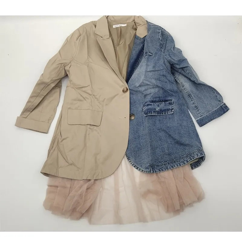 

Женский Асимметричный длинный Тренч из денима, повседневное асимметричное длинное пальто цвета хаки в стиле пэчворк, весна-осень, 2021