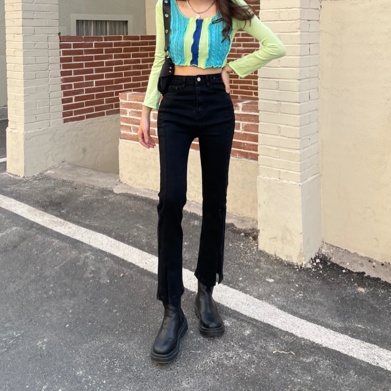 

Woman Jeans High Waist Split Korean Straight Harajuku Denim Trousers Solid Color Streetwear Vintage Casual Pants Mom Jeans Mujer