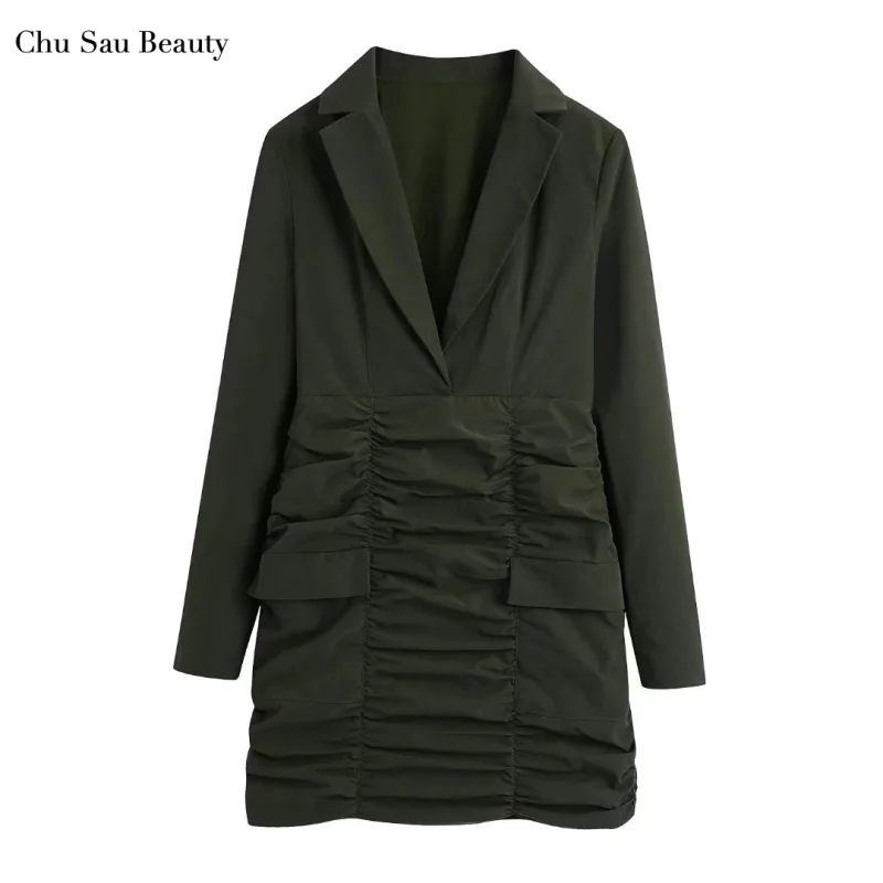 

New ZA Women's Autumn Fold Decoration Suit Jacket Style Dress Fashion Lapel Long-Sleeved Slim Mini Skirt Office Ladies