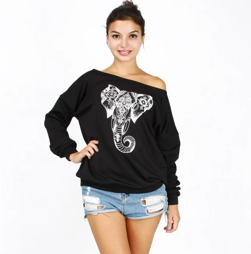 

2021 Autumn Winter Womens Tops Abstract Elephant Print Loose Version Oblique Shoulder Strapless Plus Velvet Long-sleeved Sweater