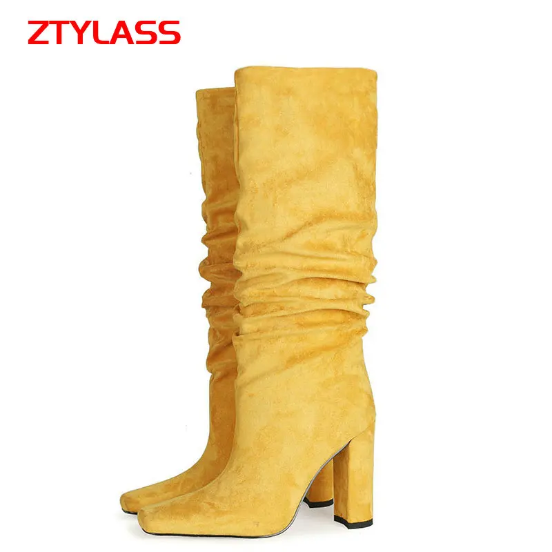 

2021 Autumn Winter Faux Suede Women Knee High Boots Fashion Slip On Pleated Square Toe Boots Ladies Square High Heel Shoes