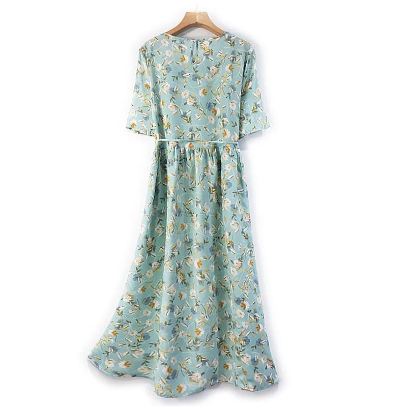 

SHUCHAN Prairie Chic Real Silk Dress Mid-Calf Sashes Summer O-Neck Chiffon A-Line Short Sleeve Boutique Women Clothing