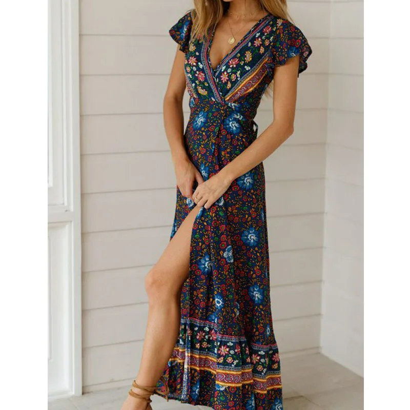 

Holiday V-neck Cardigan Strap Dress Printed Beach Dress Women Tide