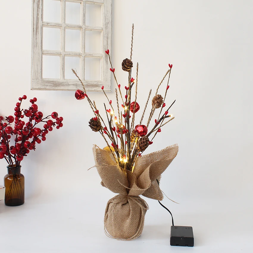 

10 Led Lights Battery Red Bells with Pip Berry and Pine Cone for Christmas Decoration Holiday Decor Sack Cloth Flower Pot