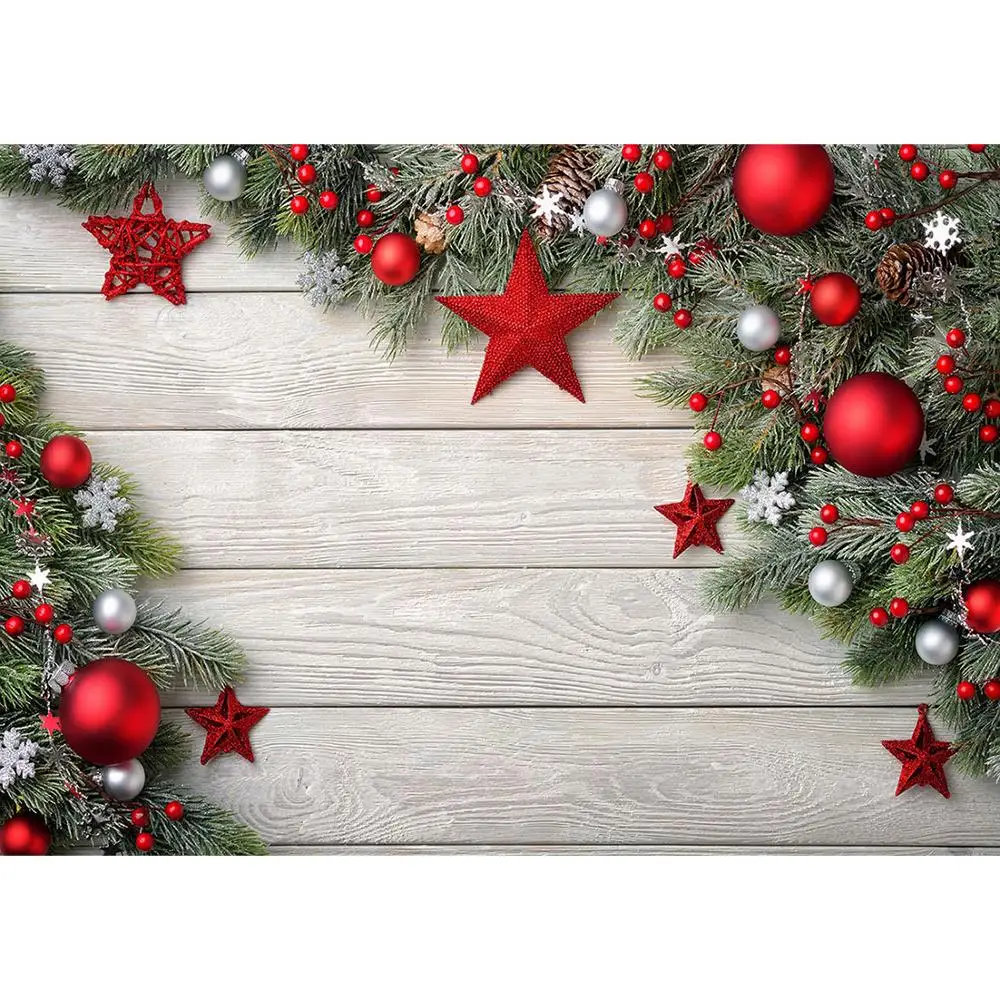 Рождественский красный Звездный шар Декор сосна деревянная доска Фото фон