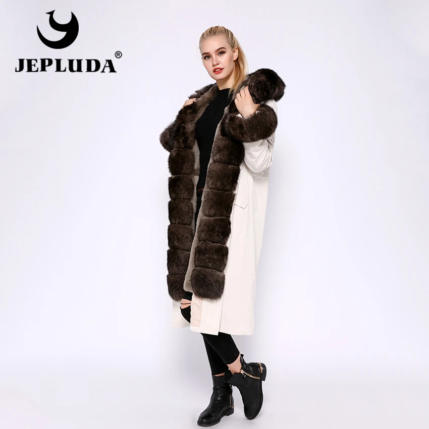JEPLUDA парка женская с натуральным мехом лисой большой на капюшоном и манжетами меховой подкладкой кролика рекс полный толстый разъемный зимнее женское пальто с мехом съемный женская куртка из натурального меха лиса