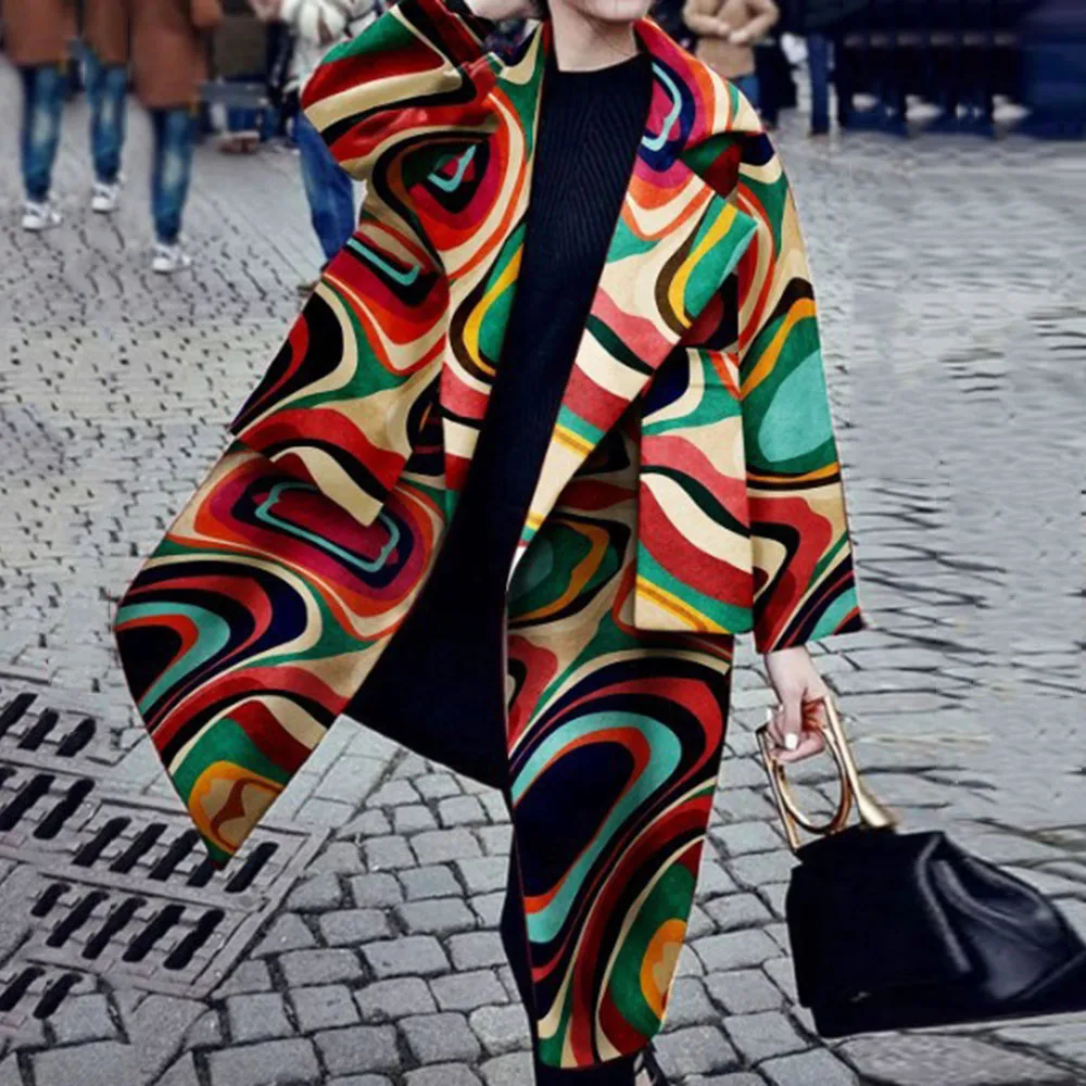 Женское шерстяное пальто большого размера плюс разноцветное длинное из