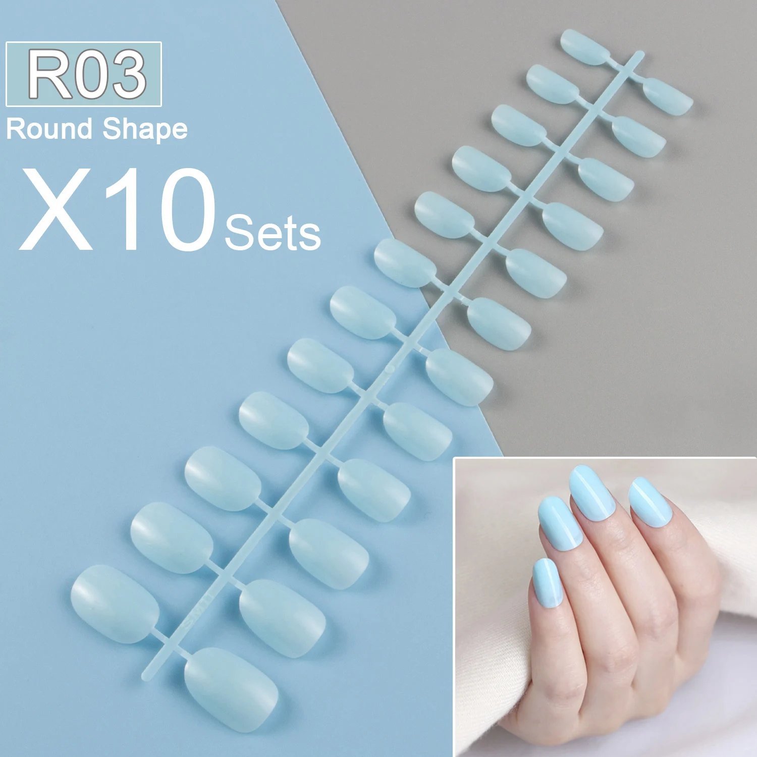 

Sky Blue Color 24 Pieces/Set, 10 Sets Same Color or Mixed Color Short Round False Nail Tips Press on Full Cover Fake Nail Tips
