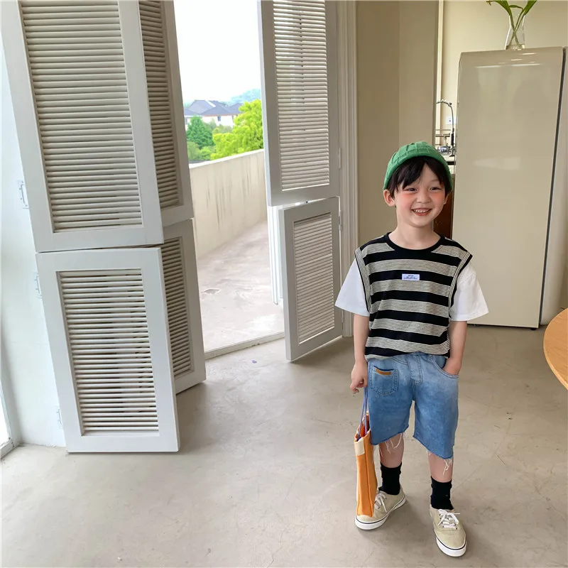 

Korean style summer boys striped patchwork short sleeve T shirts cotton loose casual Tops