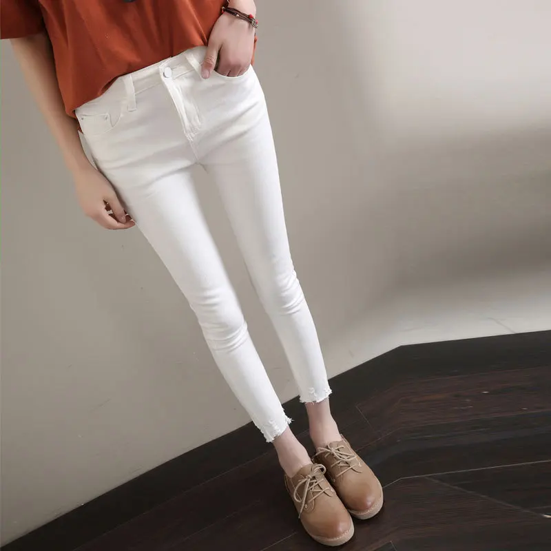 Рваные повседневные джинсовые брюки узкие женские джинсы на молнии длиной до