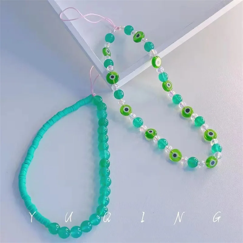 

Fresh Green Soft Pottery Mobile Phone Chain Bohemian Trend Simple Beaded Mobile Phone Case Hanging Chain Jewelry Gift Female