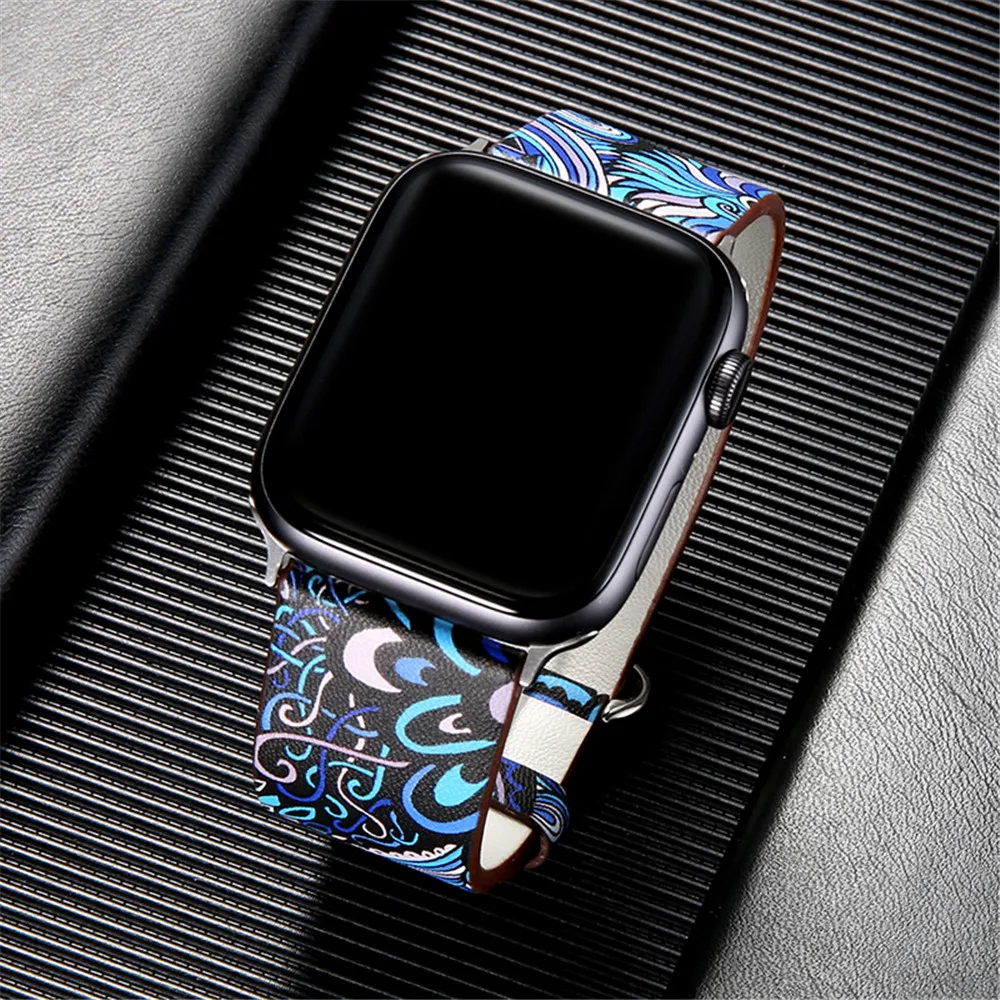 

Genuine Leather Watchband for Apple Watch 44mm 40mm 38mm 42mm Women Men Flower Print Band Strap Bracelet for iwatch 5 4 3 2 1