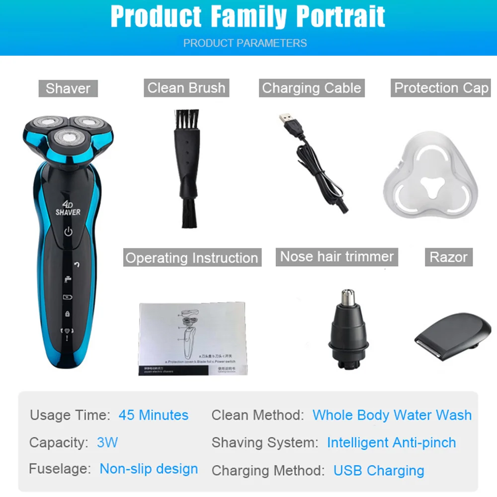 

Electric Shaver Razor Beard Nose Trimmer Shaving Machine for Men Rechargeable Beard Razor Wet Dry Dual Use Washable Waterproof