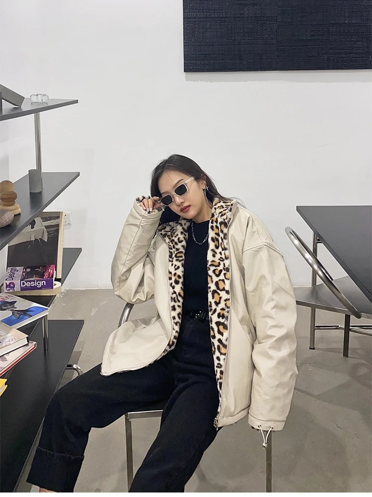 

Autumn and winter new design sense washed leather women's fur motorcycle jacket plus cotton coat loose