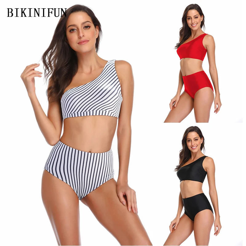 

Новинка 2020, купальник на одно плечо, женский купальник в полоску с принтом, пляжная одежда с высокой талией, однотонный комплект бикини с отк...